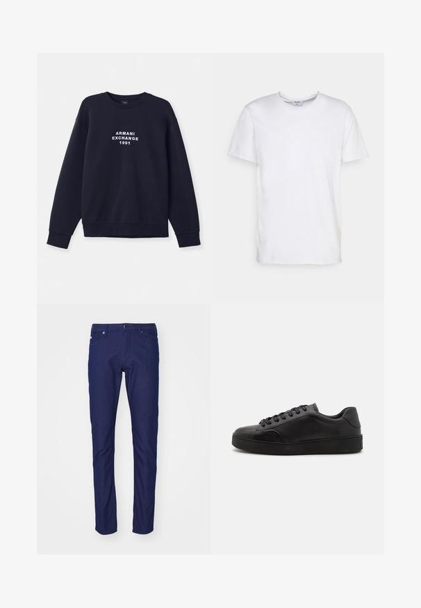 Námornícky modrá mikina s dlhým rukávom, okrúhlym výstrihom a rebrovanými manžetami. Na prednej strane sa nachádza biely potlač "ARMANI EXCHANGE 1991".; Biely krátky rukáv tričko vyrobené z bavlny. Má okrúhly výstrih a voľný strih bez viditeľných vzorov alebo akcentov.; Námořnické modré slim-fit džíny vyrobené z denimu, s knoflíkovým zapínáním, pěti kapsami a jemnou texturou s hladkým povrchem.; Čierne kožené tenisky s okrúhlou špičkou, plochou podrážkou a tradičným šnurovaním. Majú hladkú textúru a decentné detaily na bočných paneloch.