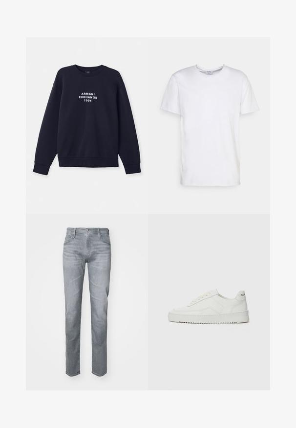 Marineblå sweatshirt med lange ærmer, rund hals og ribbede manchetter. Har hvidt "ARMANI EXCHANGE 1991" logo trykt på forsiden.; Hvid kortærmet t-shirt lavet af bomuld. Har en rund halsudskæring og en afslappet pasform uden synlige mønstre eller detaljer.; Grå denimjeans med lige pasform, fem lommer, bæltehuller og lukning med knap foran. Diskret falming for tekstur.; Hvide lædersneakers med en glat overflade, rund tå, flade snørebånd og en tekstureret sål. Har et diskret logo på hælen.
