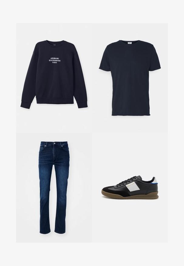 Tumma sininen collegetakki pitkillä hihoilla, pyöreällä kaula-aukolla ja ribatulla hihansuulla. Edessä valkoinen "ARMANI EXCHANGE 1991" -logo.; Navy sininen puuvillatee-paita, jossa on pyöreä kaula-aukko ja lyhyet hihat, sileä pinta ja yksinkertainen muotoilu, ei näkyviä kuvioita tai yksityiskohtia.; Tummansiniset farkut suoran lahkeen istuvuudella, joissa on klassinen viiden taskun muotoilu ja hienovaraiset ompeluyksityiskohdat.; Mustat nahka- ja samettikengät, joissa on harmaa paneeli, ruskea kumipohja ja sininen yksityiskohta kantapäässä. Varusteena nauhat ja kohokuvioitu logo.