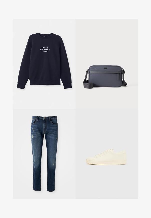 Marineblå sweatshirt med lange ærmer, rund hals og ribbede manchetter. Har hvidt "ARMANI EXCHANGE 1991" logo trykt på forsiden.; Mørkeblå denimjeans med slim fit, let slid på lår og knæ, klassisk fem-lomme design og knaplukning.; Sneaker i cremefarve med en glat læderoverdel, rundet tå, snørelukning foran og en tekstureret gummisål. Minimalistisk design uden logoer.; Grå rektangulær crossbody taske med lynlåslomme foran, justerbar skulderrem og lille sort logo midt for.