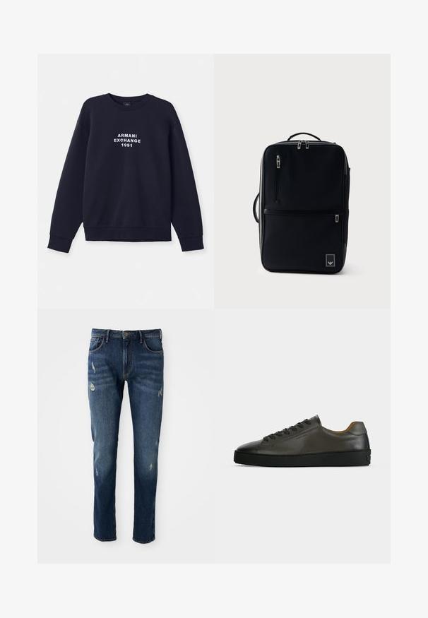 Navyblaue Sweatshirt mit langen Ärmeln, runder Halsöffnung und gerippten Bündchen. Mit weißem "ARMANI EXCHANGE 1991" Logo, das auf der Vorderseite gedruckt ist.; Dunkelblaue Jeans aus Denim mit slim fit, leichten Abnutzungen an den Oberschenkeln und Knien, klassischem Fünf-Taschen-Design und Knopfverschluss.; Niedriger dunkelgrauer Ledersneaker mit schwarzen Schnürsenkeln und Sohle, minimalistisches Design, Seitenprofil vor einem schlichten hellen Hintergrund.; Schwarzer rechteckiger Rucksack mit vertikalen Reißverschlusstaschen, Tragegriff oben, seitlichem Griff und kleinem Logopatch in der unteren rechten Ecke.
