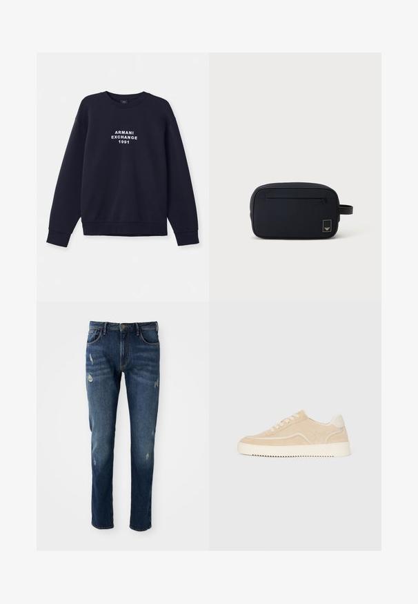 Navyblaue Sweatshirt mit langen Ärmeln, runder Halsöffnung und gerippten Bündchen. Mit weißem "ARMANI EXCHANGE 1991" Logo, das auf der Vorderseite gedruckt ist.; Dunkelblaue Jeans aus Denim mit slim fit, leichten Abnutzungen an den Oberschenkeln und Knien, klassischem Fünf-Taschen-Design und Knopfverschluss.; Beige Wildlederschuh mit weißer Sohle und Schnürsenkeln, niedrig geschnittenes Design und Zickzackprofil auf der Sohle.; Schwarze rechteckige Kulturtasche mit vorderer Reißverschlusstasche und kleinem Logopatch, mit seitlichem Tragegriff.