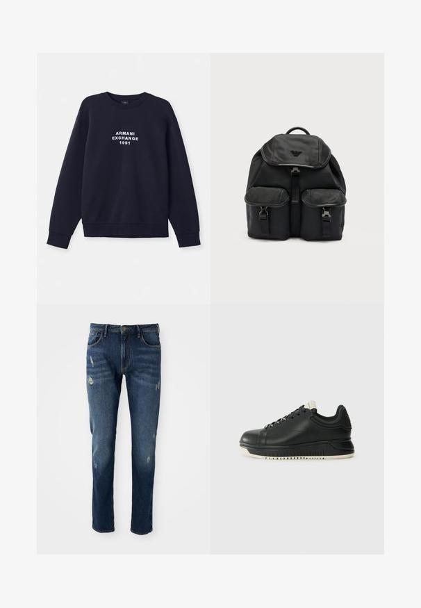 Marineblå sweatshirt med lange ærmer, rund hals og ribbede manchetter. Har hvidt "ARMANI EXCHANGE 1991" logo trykt på forsiden.; Mørkeblå denimjeans med slim fit, let slid på lår og knæ, klassisk fem-lomme design og knaplukning.; Sort lædersneaker med en polstret sål, rund tå og hvide detaljer. Har snørebåndslukning og strukturerede sidepaneler.; Sort stofrygsæk med topklap, to forlommer med spænder og et logoemblem på klappen mod en ensartet lys baggrund.