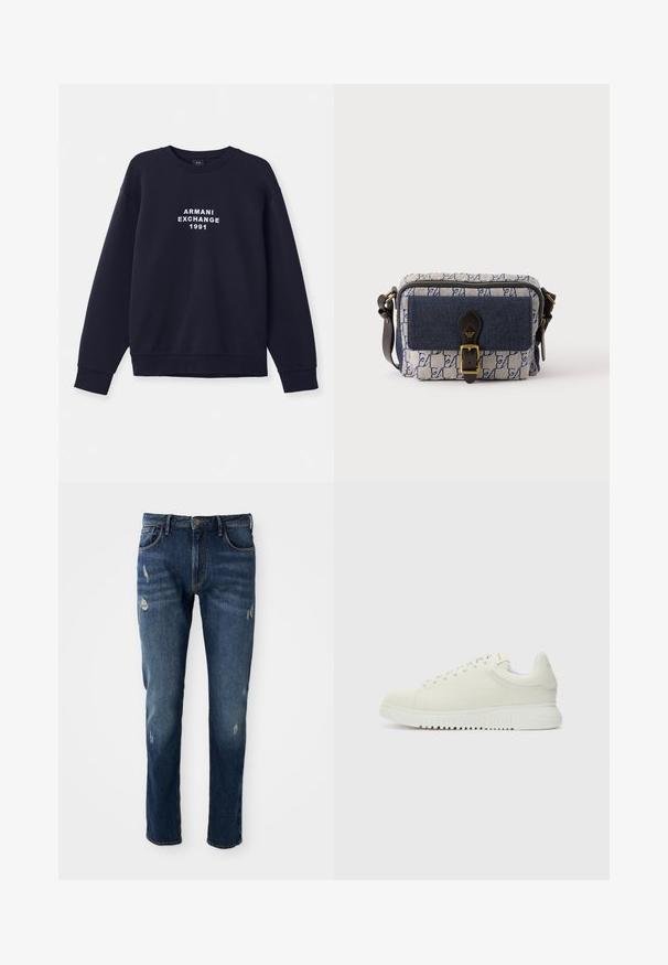 Sudadera azul marino con mangas largas, cuello redondo y puños de canalé. Presenta el logo en blanco "ARMANI EXCHANGE 1991" impreso en la parte frontal.; Jeans de mezclilla azul oscuro con corte ajustado, ligero desgaste en los muslos y las rodillas, diseño clásico de cinco bolsillos y cierre de botón.; Zapatilla blanca de cuero con parte superior texturizada, punta redondeada, suela blanca plana y cordones tonales. Marca sutil en la lengüeta.; Pequeño bolso bandolera rectangular con patrón azul y blanco, con bolsillo delantero azul marino, correa con hebilla de cuero negro y correa de hombro ajustable.