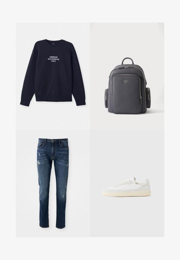 Navyblaue Sweatshirt mit langen Ärmeln, runder Halsöffnung und gerippten Bündchen. Mit weißem "ARMANI EXCHANGE 1991" Logo, das auf der Vorderseite gedruckt ist.; Dunkelblaue Jeans aus Denim mit slim fit, leichten Abnutzungen an den Oberschenkeln und Knien, klassischem Fünf-Taschen-Design und Knopfverschluss.; Weißer Sneaker mit strukturiertem Obermaterial aus Wildleder und Leder. Verfügt über eine runde Zehenpartie, Schnürverschluss und eine kontrastierende beige Gummisohle.; Schwarzer Leder-Rucksack mit vorderen und seitlichen Reißverschlusstaschen und einem kleinen metallischen Logo in der Mitte vorne.