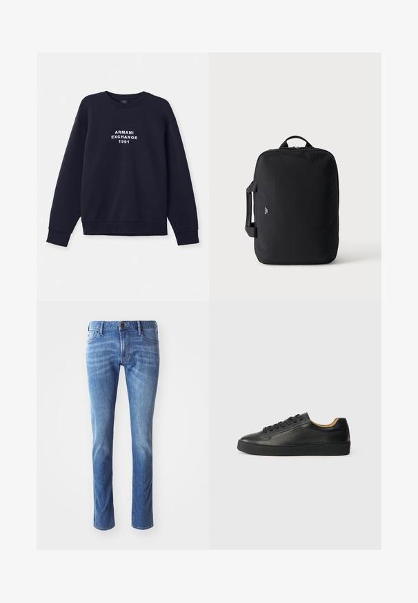 Navyblauwe sweatshirt met lange mouwen, ronde hals en ribgebreide manchetten. Voorzien van wit "ARMANI EXCHANGE 1991" logo gedrukt op de voorkant.; Lichtblauwe denim jeans met een rechte pijpdesign, voorzien van traditionele vijf-pocket stijl en subtiele vervaging richting de knieën.; Zwarte lage leren sneaker met gestructureerd oppervlak, zwarte veters en dikke rubberen zool, zijaanzicht op een lichte achtergrond.; Zwarte rechthoekige reistas met boven- en zijkanten handvatten, minimalistisch ontwerp en klein logo aan de voorkant tegen een effen lichte achtergrond.