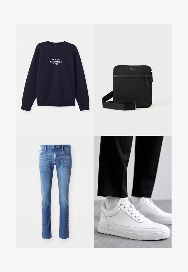 Sudadera azul marino con mangas largas, cuello redondo y puños de canalé. Presenta el logo en blanco "ARMANI EXCHANGE 1991" impreso en la parte frontal.; Jeans de denim azul claro con un diseño de pierna recta, que cuentan con el estilo tradicional de cinco bolsillos y un sutil desvanecimiento hacia las rodillas.; Zapatillas de cuero blanco con una suela de goma plana, que presentan un acabado suave, punta redonda y ojetes de metal para los cordones. Llevadas con pantalones negros.; Bolso de hombro negro cuadrado con cierre de cremallera, bolsillo delantero y correa ajustable con nombre de marca en relieve.
