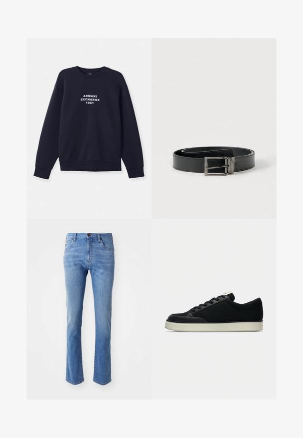 T tumed sinine särk pikade varrukatega, ümmarguse kaelusega ja soonikkoes mansettidega. Ees on trükitud valge "ARMANI EXCHANGE 1991" logo.; Heledad sinise värvi sirged teksapüksid klassikalise viie taskuga kujundusega, valmistatud denimist. Omab nööbi sulgemist ning õmblusdetailide rõhutamist õmbluste ääres.; Mustad toss musta nahast ninaosaga, tekstiilist pealsega, lamedate paelte ja valge kummist tallaga. Minimalistlik disain kontrastsete detailidega.; Mustast nahast vöö tekstureeritud viimistlusega, millel on hõbedane metallist pandlaga, lame disain ja sile sisekiht.