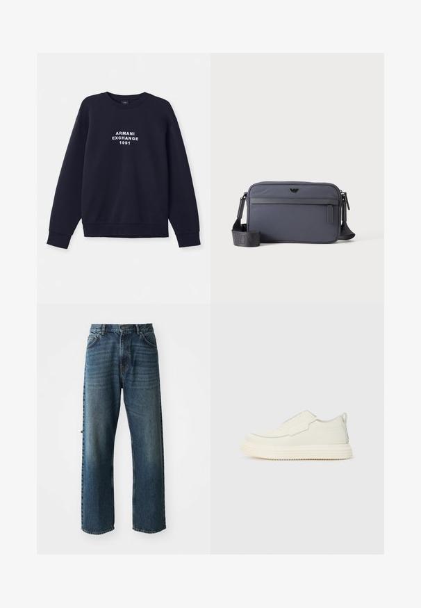Navyblauwe sweatshirt met lange mouwen, ronde hals en ribgebreide manchetten. Voorzien van wit "ARMANI EXCHANGE 1991" logo gedrukt op de voorkant.; NN.07 OTIS - Straight leg jeans - stonewashed; Instapsneaker in off-white, gestructureerd materiaal met een dikke, geribbelde zool. Voorzien van minimale naden en een subtiele lichtblauwe accent.; Grijze rechthoekige crossbodytas met voorvak met rits, verstelbare schouderriem en klein zwart logo aan de voorkant in het midden.