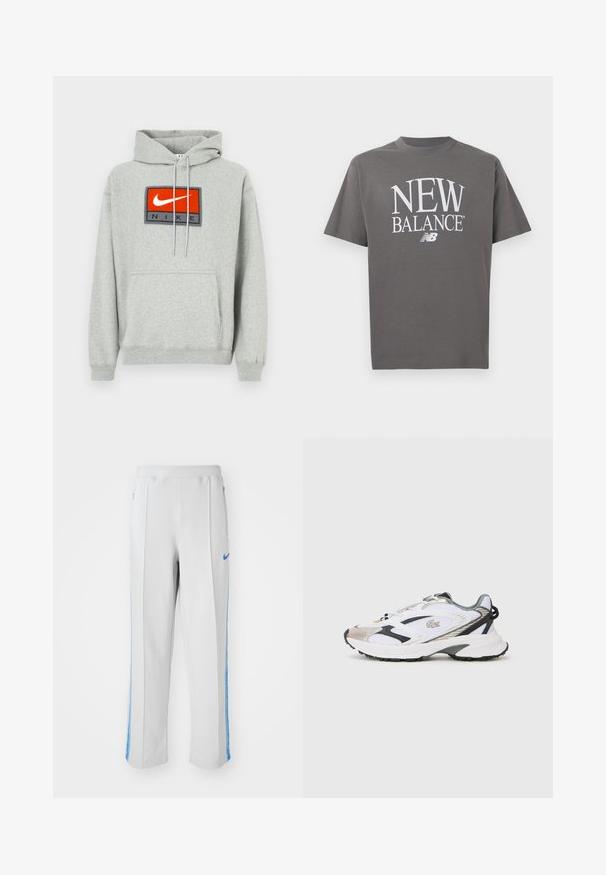 Grå hættetrøje med en kengurulomme, der har et fremtrædende broderet rødt og sort Nike-logo på fronten og justerbare snore.; Grå T-shirt med korte ærmer og rund hals med stor hvid "NEW BALANCE" tekst og "NB" logo centreret på forsiden.; Lys grå sportsbukser med blå sidelister, der har en afslappet pasform, elastisk talje og lynlåslommer. Nike-logo foran.; Hvide sportsko med sølv- og sorte detaljer, mesh-overdel, struktureret sål og et strømlinet design med et logo på siden.