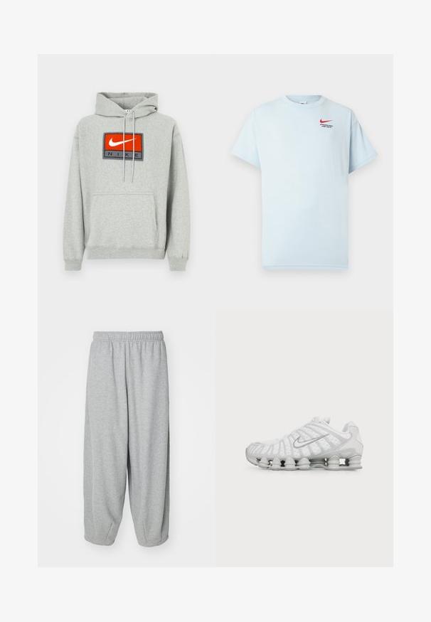 Hall hallipluus, millel on kenguru tasku, esiküljel silmatorkav punase ja musta Nike tikandiga logo ning reguleeritavad nöörid.; Hele sinine puuvillane T-särk lühikeste varrukatega, ümmarguse kaelusega ja punane Nike swoosh logo. Tekst kõlab: "SPORT RIKK. LIHTSALT TEHA."; Heledad hallid, lõdva istuvusega treeningpüksid, mis on valmistatud pehmest kangast. Elastsest materjalist vöökoht ja soonikud pahkluude juures. Lihtne ja kaunistusteta disain.; Valge Nike toss, millel on iseloomulik laineline disain ja vedru sarnane polsterdus tallal, nähtud küljelt ühtlasel taustal.