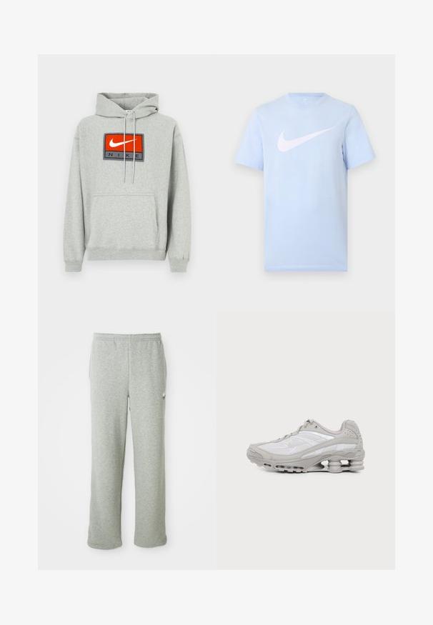 Grauer Kapuzenpullover mit Kängurutasche, vorne mit einem auffälligen gestickten roten und schwarzen Nike-Logo sowie verstellbaren Kordeln.; Hellblaues T-Shirt mit kurzen Ärmeln und einem großen weißen Nike-Swoosh-Logo, das mittig auf der Vorderseite vor einem schlichten Hintergrund platziert ist.; Graue Jogginghose aus weichem Baumwollmischgewebe, mit elastischem Bund, geradem Bein und kleinem Logo auf der linken Seite.; Grauer und weißer Sportschuh mit sichtbarer Luftpolstersohle und Mesh-Einsätzen, im Profil auf einfachem hellem Hintergrund gezeigt.
