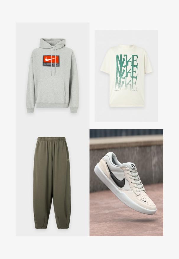 Grå hættetrøje med en kengurulomme, der har et fremtrædende broderet rødt og sort Nike-logo på fronten og justerbare snore.; Hvid T-shirt med korte ærmer med stor grøn forvrænget "NIKE" tekst, der er stablet lodret, og lille tekst "NIKE INC. OREGON, USA" nederst.; Grågrønne sweatpants med elastisk talje og manchetter. Har minimal branding i matchende tråd på siden. Blød tekstur.; Nike SB sneakers i lys grå og creme, med en overdel i ruskind, sort swoosh, strukturerede detaljer og hvid gummisål.