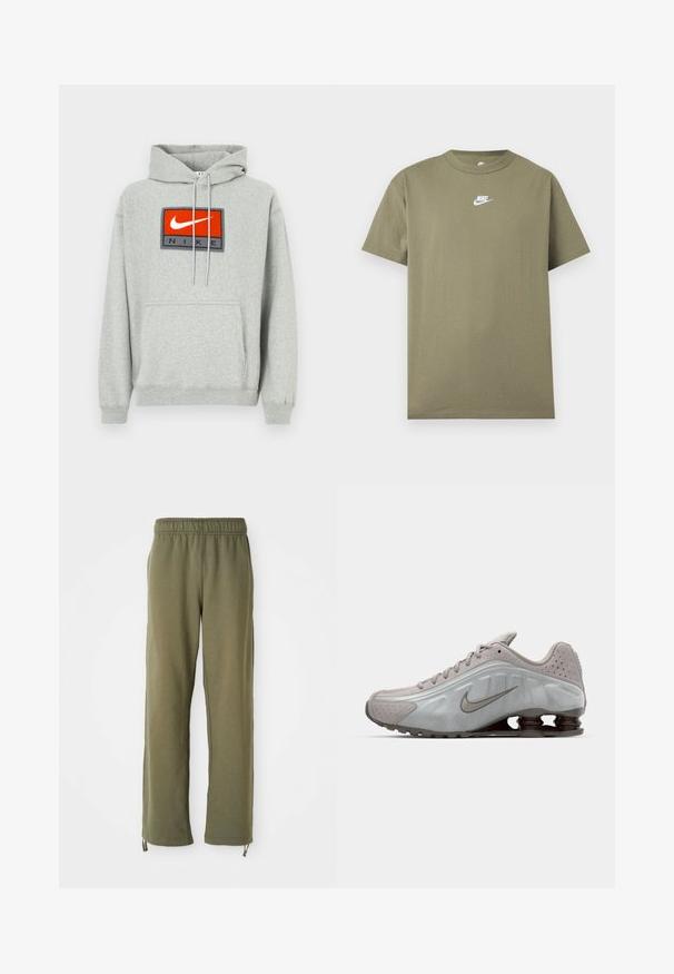 Hall hallipluus, millel on kenguru tasku, esiküljel silmatorkav punase ja musta Nike tikandiga logo ning reguleeritavad nöörid.; Oliviroheline lühikeste varrukatega Nike T-särk, valge logoga rinnal, hele hallil ühevärvilisel taustal.; Olive roheline, puuvillased dressipüksid elastse vöökoha, sirgete jalgade ja reguleeritavate paeltega pahkluudel. Pehme tekstuur, päevane disain.; Nike jooksujalats helesinises värvitoonis, sujuva tekstuuri, kaarjate joontega ning tumeda pruuniga nähtavate pehmendavate vedrudega kandade juures.
