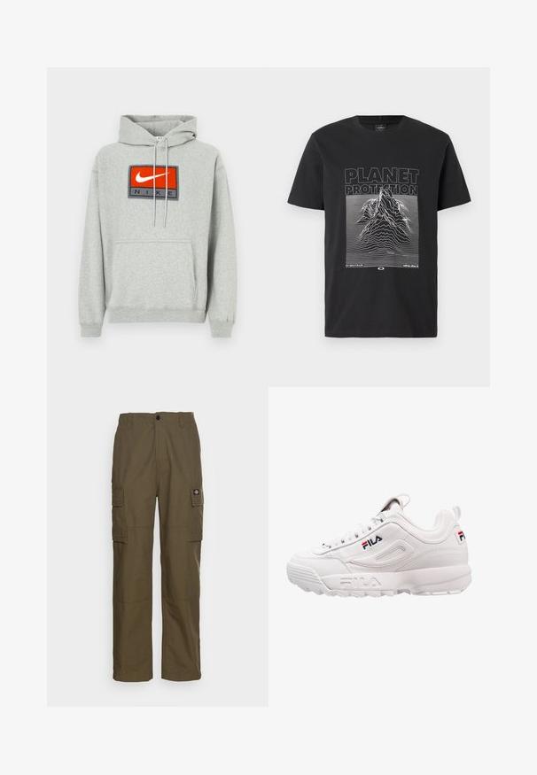 Grijze hoodie met een kangoeroezak, voorzien van een opvallend geborduurd rood-zwart Nike-logo aan de voorkant en verstelbare trekkoordjes.; Zwarte katoenen t-shirt met een witte grafische afdruk van bergen met golvende lijnen en de tekst "PLANET PROTECTION" in vetgedrukte hoofdletters.; Olijfgroene cargobroek, gemaakt van duurzaam stof. Beschikt over twee zijzakken, een standaard taille en een rechte pijp.; Witte sportieve sneaker met een glad leren bovenwerk, gewatteerde kraag, textuur zijpanelen en een merklogo in rood en blauw.