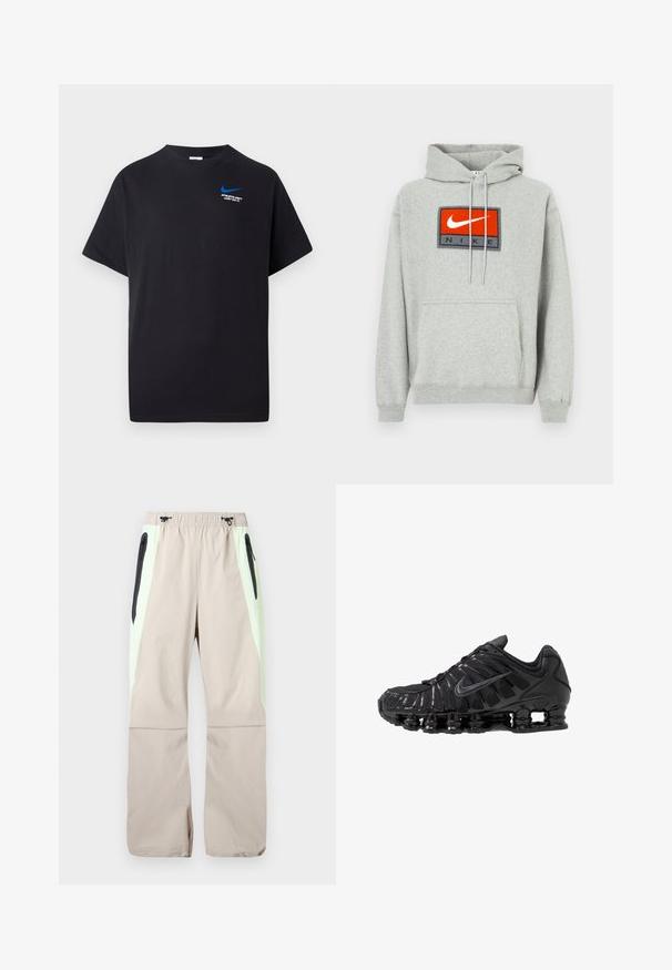 Sivá mikina s kapucňou a klokankovým vreckom, s výrazným vyšivaným červeno-čiernym logom Nike na prednej strane a nastaviteľnými šnúrkami.; Čierne tričko s krátkym rukávom, s malým modrým Nike swoosh a bielym textom "ATHLETIC DEPT JUST DO IT." na hornej ľavej strane hrudi.; Béžové nohavice so svetlozelenými bočnými panelmi, čiernymi zipsovými vreckami na stehnách a elastickým pásom s čiernymi šnúrkami.; Čierne športové topánky vyrobené zo sieťoviny a syntetických materiálov, s výrazným vlnitým dizajnom, čiernou gumovou podrážkou a reflexnými prvkami.