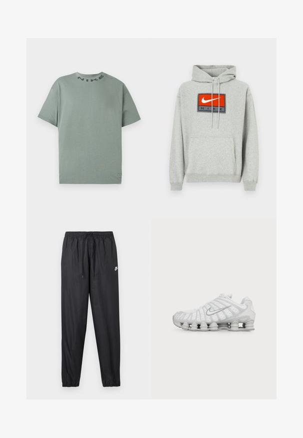 Grijze hoodie met een kangoeroezak, voorzien van een opvallend geborduurd rood-zwart Nike-logo aan de voorkant en verstelbare trekkoordjes.; Lichtgroene korte mouwen Nike t-shirt met ronde hals en zwarte "NIKE" tekst nabij de kraag, weergegeven op een effen witte achtergrond.; Zwarte joggerbroek met elastische tailleband en verstelbare trekkoord. Gladde, lichte stof met een klein wit Nike-logo.; Witte Nike hardloopschoen met zichtbare luchtdempende zool en zilveren swoosh-logo aan de zijkant, gezien vanaf de buitenkant.