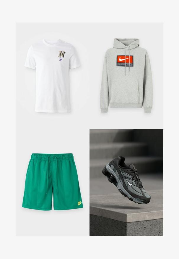 Grå hættetrøje med en kengurulomme, der har et fremtrædende broderet rødt og sort Nike-logo på fronten og justerbare snore.; Hvid bomulds t-shirt med et camouflagestruktur mønsteret "N" logo og et lille lilla Nike swoosh på brystet. Klassisk crew neck design.; Grønne atletikshorts med elastisk taljebånd og snøre, med en lille gul Nike-logo på det nederste højre ben.; Grå og sort atletiksko med meshpaneler og tyk sål, placeret i luften over en betonliste med trapper i baggrunden.