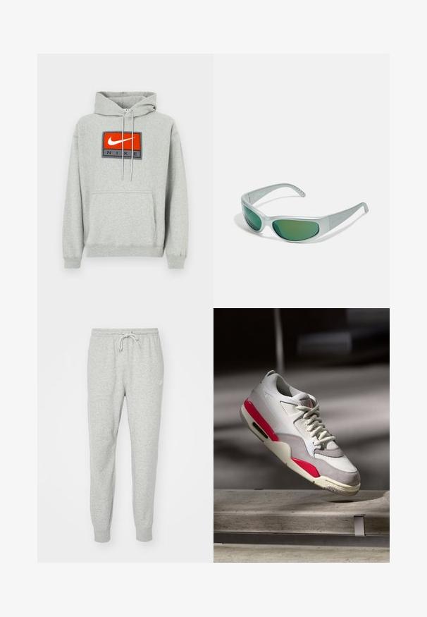 Harmaa huppari kenguruntaskulla, jossa on edessä näkyvä, kirjailtu punainen ja musta Nike-logo sekä säädettävät kiristysnauhat.; Harmaat collegehousut, jotka on valmistettu pehmeästä materiaalista ja joissa on joustava vyötärö, nyörikiinnitys ja ribbitaskut. Sivussa on pieni logo.; Vaaleanharmaa ja valkoinen sneakeri, jossa on vaaleanpunaisia yksityiskohtia ja teksturoitua verkkoa. Varustettu virtaviivaisella muotoilulla ja kumipohjalla, jossa on ilmapatjaus.; Arnette CATFISH - Aurinkolasit - metallic silver