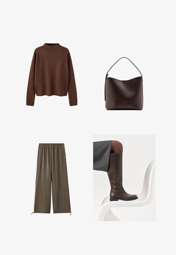 Pull marron à manches longues avec col rond, coupe simple et ample et texture tricot uni, présenté sur fond blanc.; Pantalon vert olive ample avec taille élastique et cordons au bas, présenté à plat sur fond blanc.; Botte en cuir marron à hauteur de genou avec un bout arrondi, texture lisse et détails de couture minimalistes, placée sur un fond clair sur une chaise blanche.; Sac à main en cuir brun foncé avec une seule poignée supérieure incurvée et une surface lisse et dépourvue d'ornements sur fond blanc.