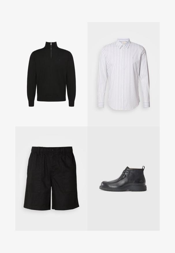 Jersey negro de manga larga con cremallera a medio frente y puños y bajo de canalé, con un pequeño logo sutil en el pecho.; Calvin Klein SLIM FIT - Camisa - gray marble; Pantalones cortos negros con una cinturilla elástica y cierre de botón. Cuenta con dos grandes bolsillos laterales de tela texturizada. Diseño casual.; Botas de cuero negras hasta el tobillo con punta redondeada, diseño con cordones y una lengüeta en la parte trasera. Parte superior texturizada y suela de goma.