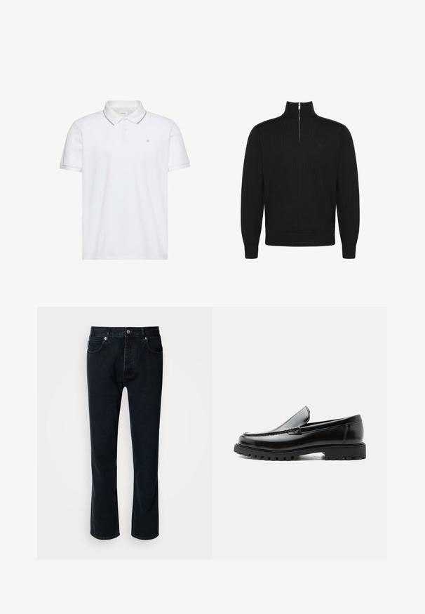 Jersey negro de manga larga con cremallera a medio frente y puños y bajo de canalé, con un pequeño logo sutil en el pecho.; Polo blanco de manga corta con tapeta de dos botones, ribete gris en el cuello y los puños, y pequeño logo "ck" bordado en el pecho.; HUGO JONAH - Vaqueros rectos - dark blue; Mocasín de cuero negro con suela de goma gruesa, empeine cosido y nombre de la marca en relieve en el talón, mostrado en perfil lateral sobre fondo blanco.
