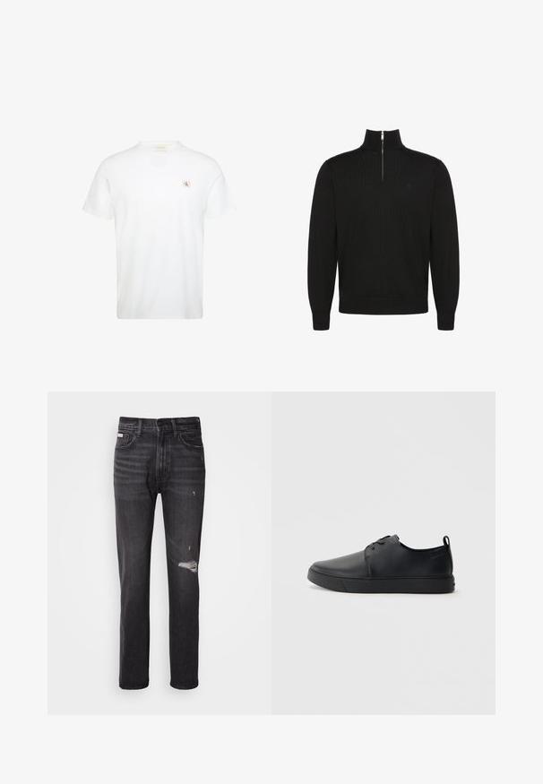 Sort langærmet pullovertrøje med halv lynlås foran og ribstrikkede manchetter og kant, med et lille diskret logo på brystet.; Hvid t-shirt med korte ærmer og rund hals med lille rød og sort Calvin Klein logo lap på venstre bryst.; Sorte denim jeans med lige ben-design, distressed detaljer ved knæene, fem-lommestil og en diskret falmet finish.; Sorte lædersneakers med en glat finish, rund tå, tonalt syning, snøring foran og en flad gummisål. Løkke ved hælen.