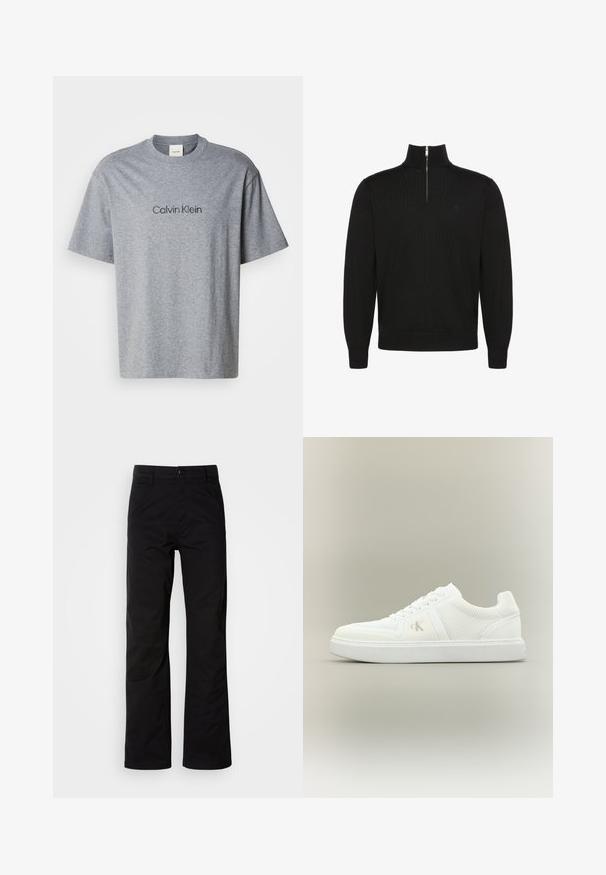Sort langærmet pullovertrøje med halv lynlås foran og ribstrikkede manchetter og kant, med et lille diskret logo på brystet.; Grå bomulds t-shirt med korte ærmer, rund halsudskæring og et trykt "Calvin Klein" logo i en mørkere nuance på brystet.; Sort bomuldsbukser med lige ben, der har knaplukning og bæltestropper. Glat tekstur og minimalistisk stil uden synlige mønstre.; Hvid lavtopsneaker med snørebånd, teksturerede stofsider og subtilt "ck"-logo på ydersiden, placeret på en enkel neutral baggrund.
