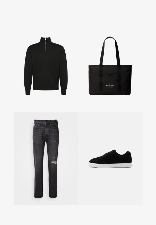 Pull noir à manches longues avec fermeture éclair sur le devant jusqu'à mi-hauteur, poignets et bas côtelés, avec un petit logo discret sur la poitrine.; Jean en denim noir avec une coupe droite, des détails déchirés au niveau des genoux, un style à cinq poches et une finition légèrement délavée.; Baskets basses noires avec lacets à l'avant, logo discret "ck" sur le côté, et épaisse semelle en caoutchouc blanche sur fond clair uni.; Sac cabas noir Calvin Klein avec deux longues poignées et une poche avant, avec le logo de la marque en blanc et gris.
