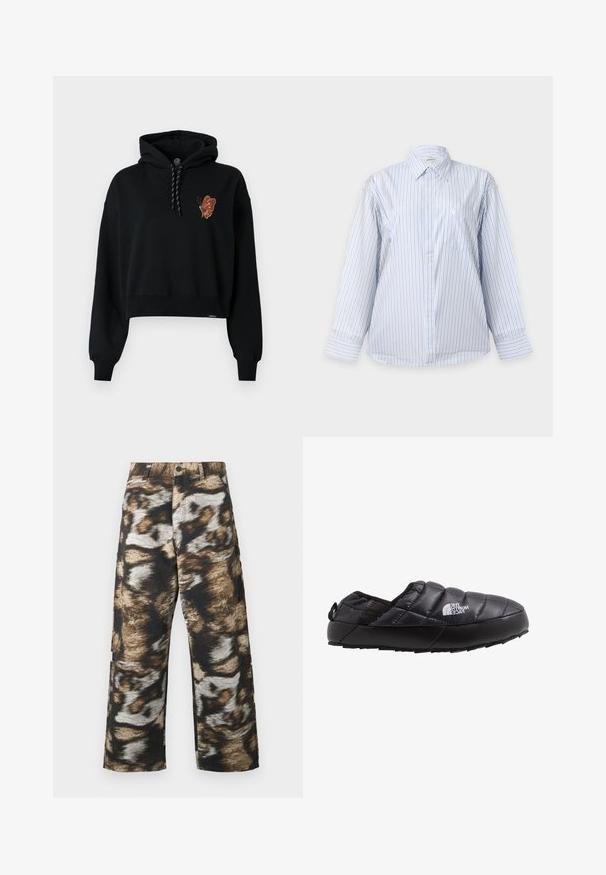 Sort cropped hoodie med et sommerfugle-tryk i orange nuancer på brystet, med en snørehætte og ribbede manchetter.; Langærmet hvid skjorte med tynde blå lodrette striber, knaplukning foran, krave og en brystlomme på ensfarvet baggrund.; Viddebenede bukser med et fedt, abstrakt mønster i sort, brun og creme. Fremstillet af tekstureret stof med høj talje.; Sort isoleret slip-on sko med quiltet overdel, gummisål og strukturel detaljering. Har en hæltrækstrop og branding på siden.