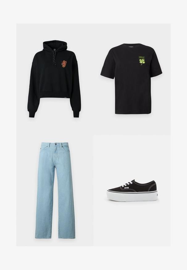 Μαύρο κοντό hoodie με γραφικό πεταλούδας σε πορτοκαλί τόνους στο στήθος, διαθέτοντας κουκούλα με κορδόνι και ριμπά μανίκια.; Μαύρο βαμβακερό T-shirt με κοντά μανίκια και ίσια γραμμή. Διαθέτει ένα πράσινο κεντημένο τετράφυλλο τριφύλλι και κείμενο στη αριστερή πλευρά του στήθους.; Ανοιχτό μπλε τζιν παντελόνι με φαρδιά μπάρα, εμπρόσθιο κουμπί, φερμουάρ και σχεδιασμό με πέντε τσέπες σε λευκό φόντο.; Μαύρο καστόρινο αθλητικό παπούτσι με λευκή καουτσούκ πλατφόρμα, που διαθέτει λευκές κορδόνες και ραφές, εμβληματική σήμανση στο πλάι, σε χαμηλό σχεδιασμό.