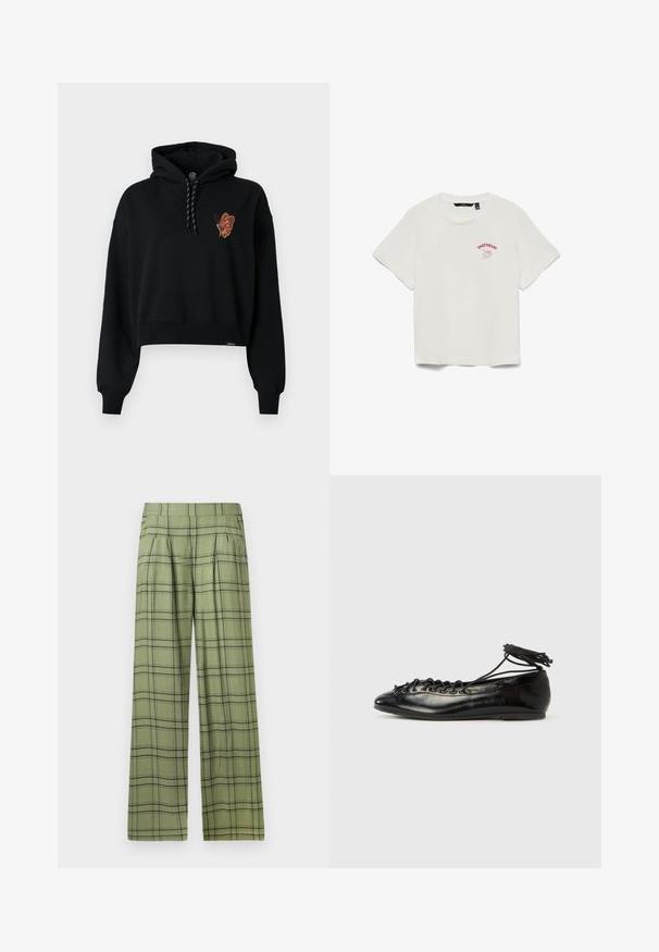 Schwarze, bauchfreie Kapuzenjacke mit einem Schmetterlingsgrafik in orange Tönen auf der Brust, ausgestattet mit einer Kordelzugkapuze und gerippten Bündchen.; Weißes kurzärmeliges Crop-T-Shirt mit dem Schriftzug "SWEETHEART" und einer roten Rosen-Grafik auf der linken Brust.; Grüne weit geschnittene Hose mit schwarzem Karomuster und hohem Bund, vorderen Falten und Seitentaschen.; Schwarze Ballerinas aus Lackleder mit runder Spitze, Schnürdesign und flacher Sohle. Glatte Textur mit minimaler Verzierung.