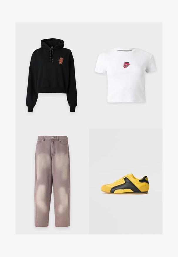 Sort cropped hoodie med et sommerfugle-tryk i orange nuancer på brystet, med en snørehætte og ribbede manchetter.; Hvid kortærmet cropped t-shirt med et lille rødt jordbærmotiv på brystet.; Lilla falmet denimjeans med høj talje, knaplukning og to forlommer, vist på en ensfarvet baggrund.; Gule sneakers med en sort læder sidepanel, tekstureret stofoverdel, rund tå og gummisål, med branding på siden.