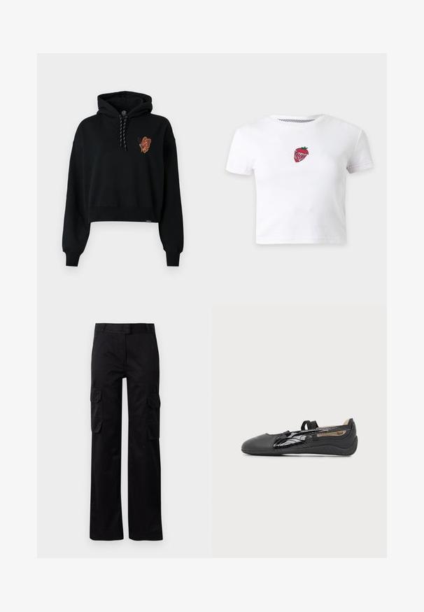 Μαύρο κοντό hoodie με γραφικό πεταλούδας σε πορτοκαλί τόνους στο στήθος, διαθέτοντας κουκούλα με κορδόνι και ριμπά μανίκια.; Λευκό στενό cropped t-shirt με μικρό κόκκινο σχέδιο φράουλας στο στήθος.; Μαύρο cargo παντελόνι από ανθεκτικό ύφασμα, με δύο πλαϊνές τσέπες και ίσια σχεδίαση. Λείο υλικό με κλασική εφαρμογή.; Μαύρο μοκασίνι με λάστιχο, λείο πάτο και γυαλιστερή λεπτομέρεια στο πλάι, εμφανίζεται σε πλευρικό προφίλ σε ουδέτερο φόντο.