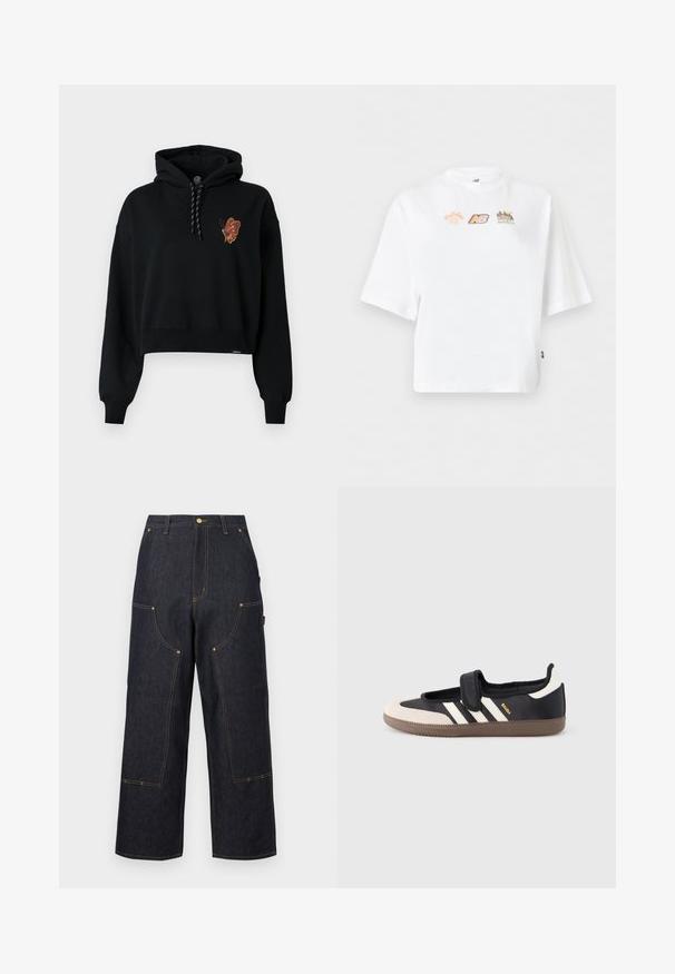 Μαύρο κοντό hoodie με γραφικό πεταλούδας σε πορτοκαλί τόνους στο στήθος, διαθέτοντας κουκούλα με κορδόνι και ριμπά μανίκια.; Λευκό υπερμεγέθες κοντομάνικο μπλουζάκι με τρία μικρά πολύχρωμα λογότυπα στο στήθος, συμπεριλαμβανομένων των New Balance και σχεδίων με θέμα τον μαραθώνιο.; Σκουρό μπλε παντελόνι τζιν με φαρδιά πόδια, πολλαπλές μπροστινές τσέπες, αντίθετη πορτοκαλί ραφή και κούμπωμα με κουμπί στη μέση.; Μαύρο και μπεζ αθλητικό παπούτσι με λουράκι βέλκρο, τρεις λευκές ρίγες στο πλάι και υφασμένη καφέ πατούσα από καουτσούκ. Ορατό το λογότυπο της μάρκας.