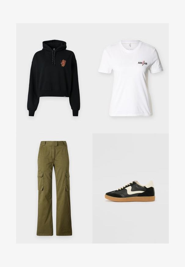 Sort cropped hoodie med et sommerfugle-tryk i orange nuancer på brystet, med en snørehætte og ribbede manchetter.; Hvid T-shirt med korte ærmer og rund hals med teksten "AMOUR" og en pink lyngrafik på venstre bryst.; Oliven grønne cargo bukser lavet af bomuldsblanding, med lige ben design, to sidelommer og en knaplukning i taljen.; Sorte ruskinds- og lædersneakers med en cremefarvet side-swoosh og lys cremefarvet hæl. Har beige snørebånd og en gummirubber-sål.