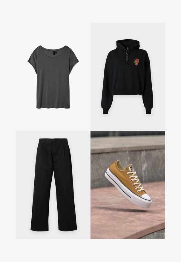 Sweat à capuche cropped noir avec un graphisme de papillon dans des tons orange sur la poitrine, dotée d'une capuche à cordons et de poignets côtelés.; T-shirt gris à manches courtes avec un col rond large, en tissu doux et à coupe décontractée. Aucun motif ni accent visible. Texture lisse.; Pantalon noir taille haute à jambes larges avec passants de ceinture, bouton à l'avant, fermeture éclair, et deux poches latérales.; Baskets Converse jaune basses avec lacets blancs et semelle blanche flottant au-dessus de marches en béton roses en plein air.
