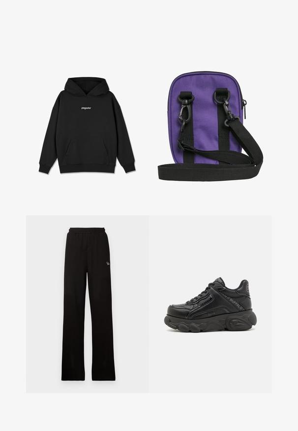 Zwarte hoodie met een voorzak, ribgebreide manchetten en onderrand. Kenmerkt zich door een wit "pegador"-logo op de borst. Gemaakt van zachte stof.; Zwarte geribde wijde broek met elastische tailleband en klein decoratief logo, met een gladde textuur en een full-length ontwerp.; Zwarte chunky platform sneaker met een gestructureerde zool, veters aan de voorkant en merkdetails aan de zijkant en hiel.; Kleine paarse crossbodytas met zwarte verstelbare riem en twee zwarte clipbevestigingen aan de voorkant tegen een witte achtergrond.