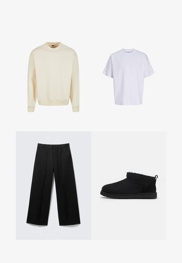 Crewneck-Sweatshirt in einem hellen cremefarbenen Ton, aus weichem Material gefertigt, mit gerippten Bündchen und Saum, in einem schlichten, ungeschmückten Design.; Schlichtes weißes oversized T-Shirt mit kurzen Ärmeln, Rundhalsausschnitt und lockerem Sitz vor weißem Hintergrund.; Schwarze Hosen mit weitem Bein, Gürtelschlaufen, Vordertaschen und Reißverschluss, auf einem hellgrauen Hintergrund präsentiert.; Schwarze Wildleder-Stiefeletten mit einem weichen, strukturierten Innenfutter, einer flachen Gummisohle und einer Zugschlaufe auf der Rückseite für ein einfaches Anziehen.