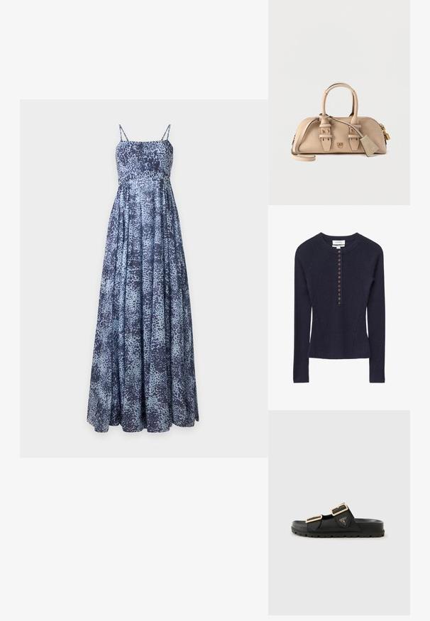 Haut en tricot côtelé bleu marine à manches longues avec un col rond et une patte de boutonnage avant comportant dix petits boutons marron.; Robe maxi à fines bretelles avec un motif abstrait bleu tacheté sur un tissu fluide.; Sandales noires à glissière avec deux brides ajustables, boucles en ton doré, tige en caoutchouc texturé et semelle épaisse et texturée. Logo affiché sur le côté.; Sac à main en daim beige avec deux poignées, une longue bandoulière, des détails en boucle dorée, et une petite étiquette suspendue avec le nom de la marque embossé.