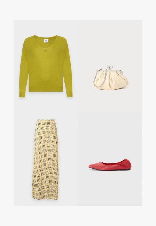 Sweater à col en V de couleur vert lime vif, fabriqué en tissu tricot doux. Il possède des manches longues et des accents côtelés au niveau de l'encolure et des poignets.; Rabanne Jupe longue - green/yellow/cream; Filippa K REY FLATS - Ballerines - bright red; Pochette en cuir beige plissé avec un cadre en métal argenté, dotée de deux fermoirs ronds décoratifs et d'une chaîne en argent.