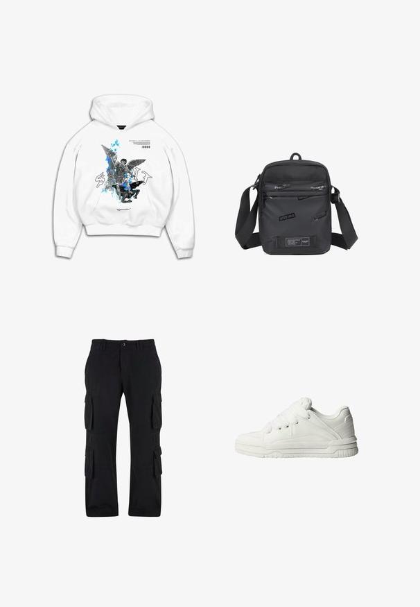 Sweat à capuche blanc avec un design graphique d'un ange avec des ailes et des accents bleus abstraits, accompagné de texte et de symboles imprimés sur le devant.; Pantalons cargo noirs en tissu coton, dotés de plusieurs poches latérales, d'une coupe décontractée et d'une jambe droite.; Baskets blanches avec un extérieur en cuir lisse, une languette rembourrée, des lacets plats et des accents texturés sur les côtés et le talon.; Sac bandoulière noir en matériau durable, avec un panneau avant texturé portant des logos en relief, une bandoulière ajustable et des compartiments zippés.