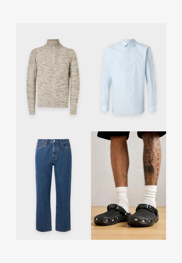 Beige og lys brun meleret strikpullover med lange ærmer, høj krave og front halv-lynlås på en ensfarvet hvid baggrund.; Lys blå langærmet skjorte lavet af glat stof, med knaplukning fortil, almindelig krave og knaplukning ved håndleddene.; Blå straight-leg jeans lavet af denim, med knaplukning, fem lommer og kontrasterende orange stikninger.; Sorte træsko med en struktureret overdel, justerbar rem og ventilationshuller, parret med hvide ankelsokker og shorts over knæene.