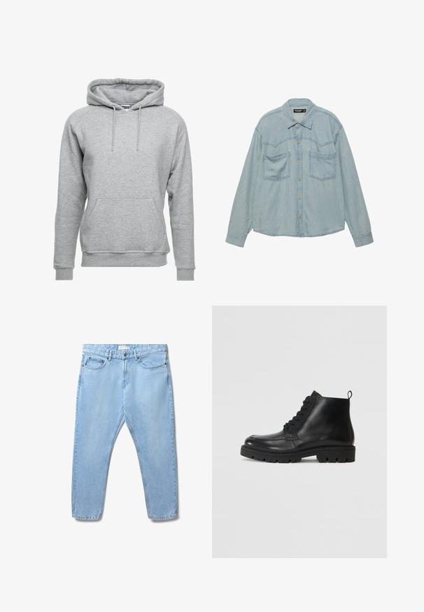 Grauer Kapuzenpullover aus weichem Baumwollmaterial, mit einer Fronttasche, verstellbaren Kordeln und gerippten Bündchen und Saum.; Hellblau gestreiftes Hemd aus weichem Stoff, mit durchgehender Knopfleiste, zwei Brusttaschen und klassischem Kragen.; Helleblaue Jeans aus Denim mit geradem Schnitt, Fünf-Taschen-Design und Einzelknopfverschluss; weist dezente Abnutzungsspuren und eine strukturierte Oberfläche auf.; Schwarze Leder Stiefeletten mit runder Zehe, Schnürverschluss und strukturiertem Gummisohle. Mit einer Ziehlasche an der Ferse für einfaches Anziehen.