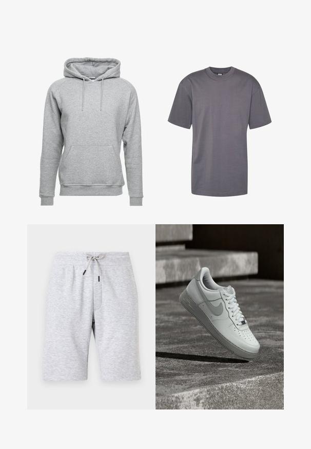 Hoodie gris en coton doux, doté d'une poche avant, de cordons de serrage réglables et de poignets et d'un ourlet côtelés.; T-shirt en coton gris avec un col rond et des manches courtes, présentant un design simple et un ourlet droit, adapté pour un style décontracté.; Shorts en coton gris clair longueur genou avec ceinture élastique et cordon de serrage à l'avant noué en nœud, présenté de face sur un fond uni.; Baskets blanches Nike Air Force 1 flottant au-dessus d'une surface en béton texturé avec des marches en pierre en arrière-plan.