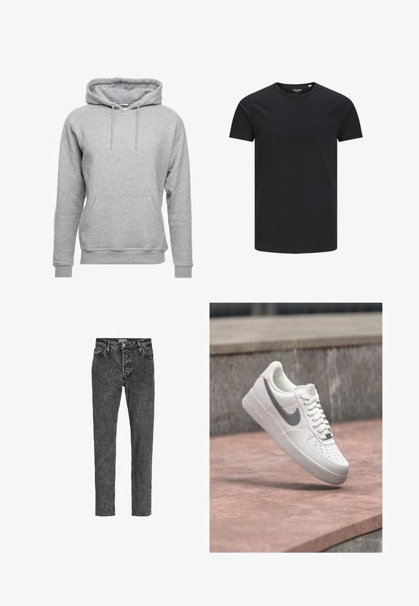 Grå hættetrøje lavet af blødt bomuldsstof, med en frontlomme, justerbare snore og ribbede manchetter og nederste kant.; Sort bomulds T-shirt med rund hals, korte ærmer og et enkelt design. Glat tekstur, ingen mønstre eller synligt tilbehør.; Jack & Jones Relaxed Fit JJICHRIS JJORIGINAL SQ 734 - Jeans Tapered Fit - black denim; Hvid Nike Air Force 1 sneaker med gråt swoosh-logo svævende over en stensurface og en grå stenvæg i baggrunden.