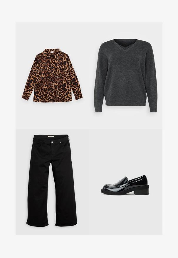 Mørkegrå strikket sweater med v-hals, lange ærmer og afslappet pasform. Blød tekstur, minimal detaljering og en glat overflade.; Leopardmønstret skjorte med knaplukning, lange ærmer, to brystlommer og krave. Fremstillet af blødt stof med en varm farvepalet.; Sorte bukser med vide ben, knap- og lynlåslukning, bæltestropper samt lommer foran og bagpå på en ensfarvet lys baggrund.; Sorte patenterede lædersko med rund tå, lav blokhæl og en glat, blank finish. Har en dekorativ rem over forsiden.