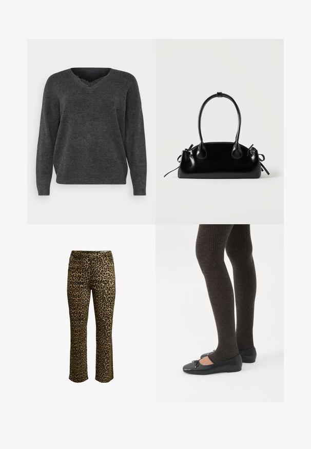 Mørkegrå strikket sweater med v-hals, lange ærmer og afslappet pasform. Blød tekstur, minimal detaljering og en glat overflade.; Leopardmønstret bukser med slim fit, knaplukning og syning i taljen samt let stræk for komfort.; Ben iført mørke ribbede leggings kombineret med sorte balletsko med små sløjfedetaljer på hvid baggrund.; Lille sort blank håndtaske med to lange håndtag og snøre-detaljer i siden på en ensfarvet lys baggrund.