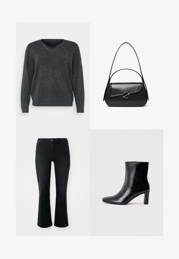 Donkergrijze gebreide trui met een v-hals, lange mouwen en een ontspannen pasvorm. Zachte textuur, minimale details en een gladde afwerking.; Zwarte denim jeans met een middelhoge taille, een knoop aan de voorkant, twee voorkruiszakken, twee achterzakken en een flared model.; Zwarte enkellaars gemaakt van glanzend leer, met een puntige neus en een gemiddelde blokhak, voorzien van een gladde textuur en een eenvoudig ontwerp.; Zwarte leren schoudertas met een gebogen klep die is bevestigd met een ronde metalen sluiting en een smalle, verstelbare band.