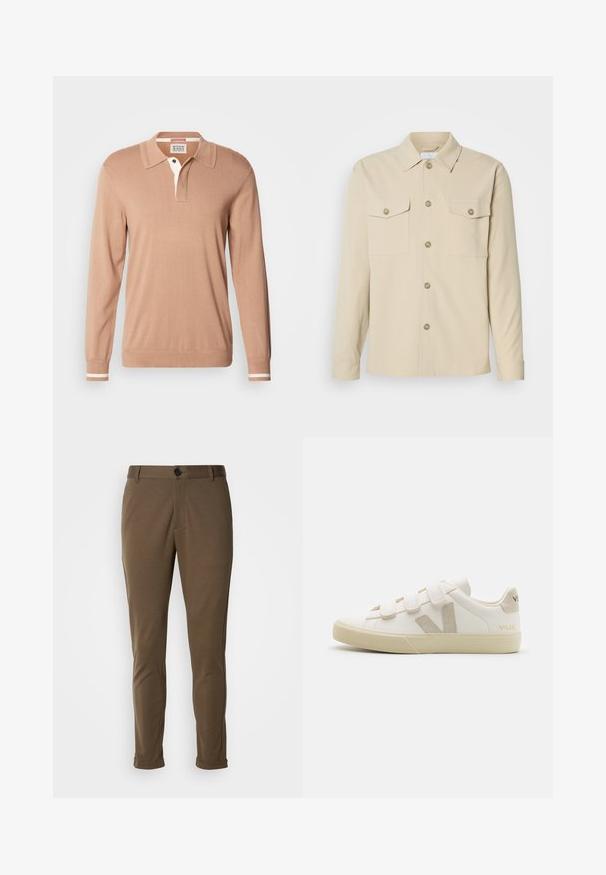 Scotch & Soda LONG SLEEVE POLO - Striktrøje - tannin; Beige skjorte med knapper lavet af glat stof, har to brystlommer, en klassisk krave og fem frontknapper. Lange ærmer med manchetter, der kan lukkes med knap.; Brune skræddersyede bukser med en glat tekstur, der har en knaplukning og rullede manchetter. Designet med en slim fit og funktionelle lommer.; Hvide lædersneakers med Velcro-remme, beige accenter, rund tå, tekstureret gummisål og prægede logo. Minimalistisk design.